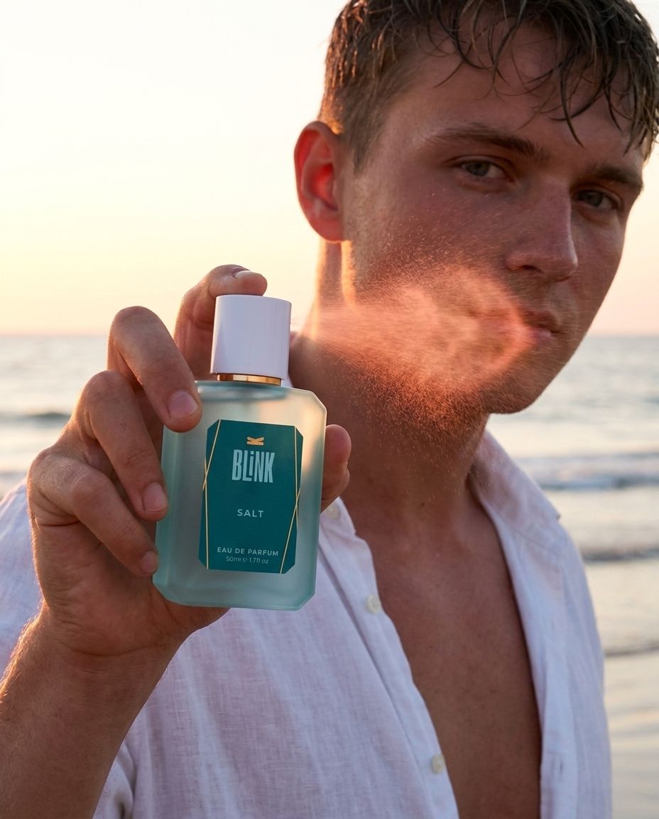 Tânăr cu parfumul BLINK Salt ținut lângă bărbie, pe fundal de piscină