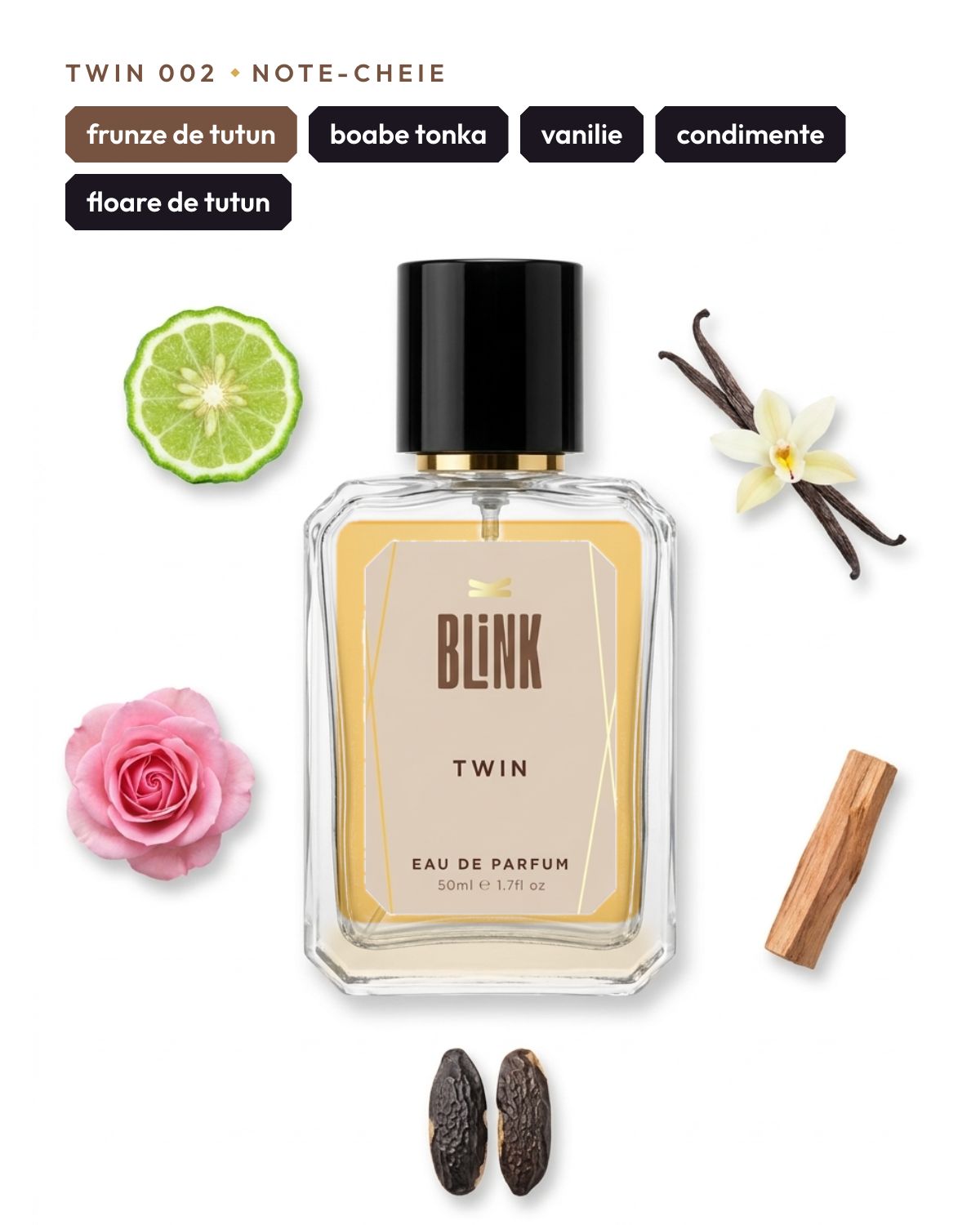 Twin 002, note-cheie: frunze de tutun, boabe tonka, vanilie, condimente, floare de tutun
