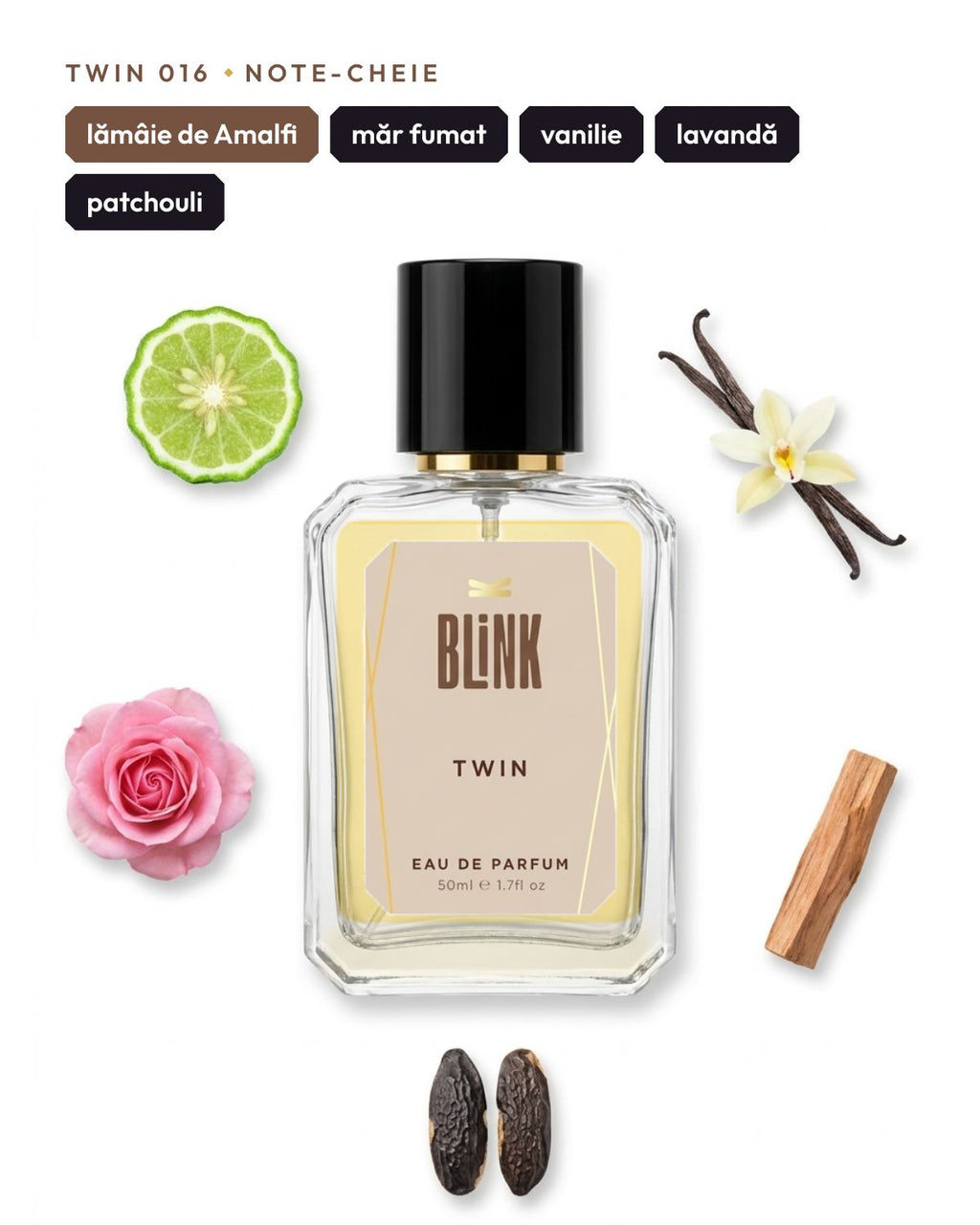 Twin 016, note-cheie: lămâie de Amalfi, măr fumat, vanilie, lavandă, patchouli