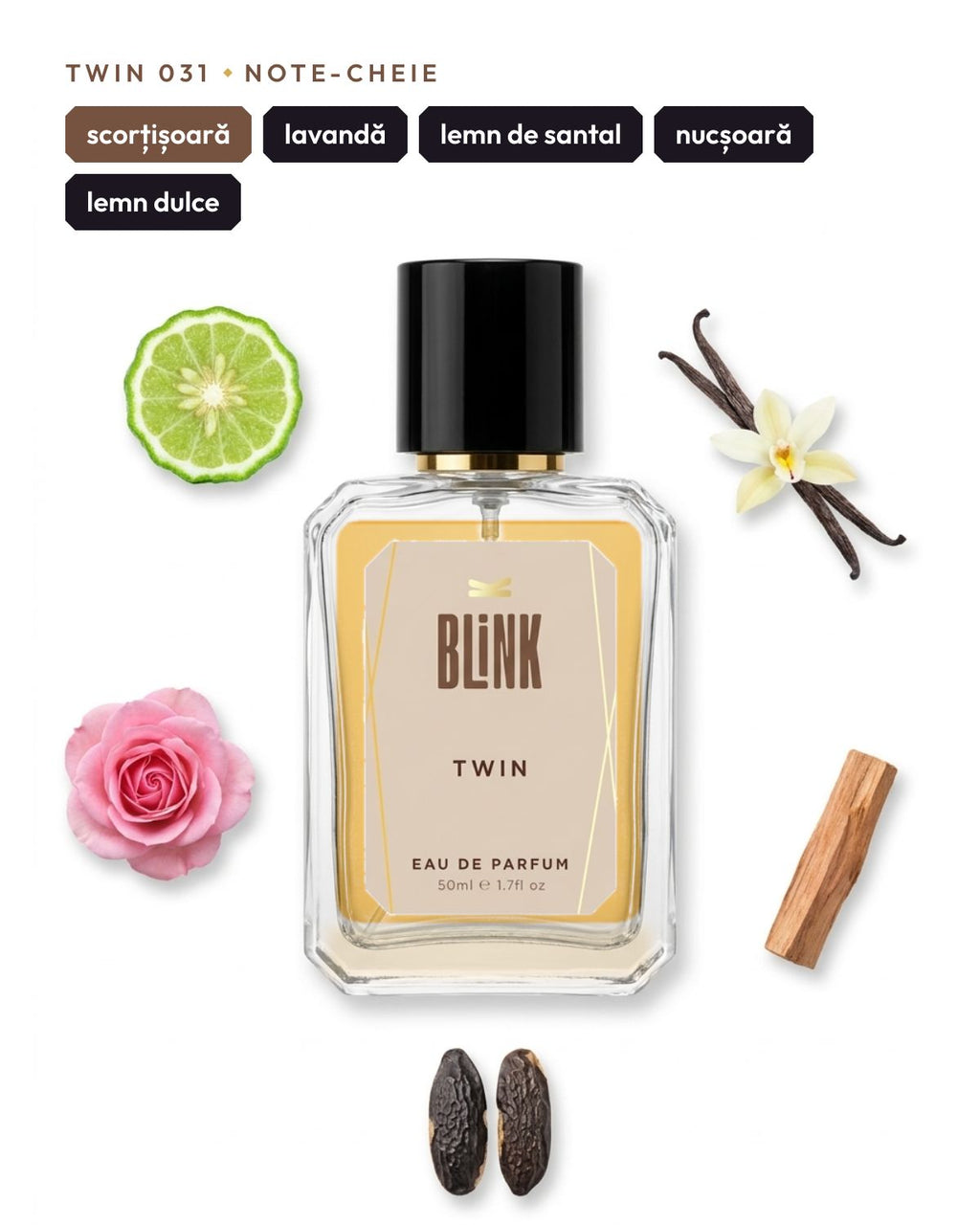 Twin 031, note-cheie: scorțișoară, lavandă, lemn de santal, nucșoară, lemn dulce