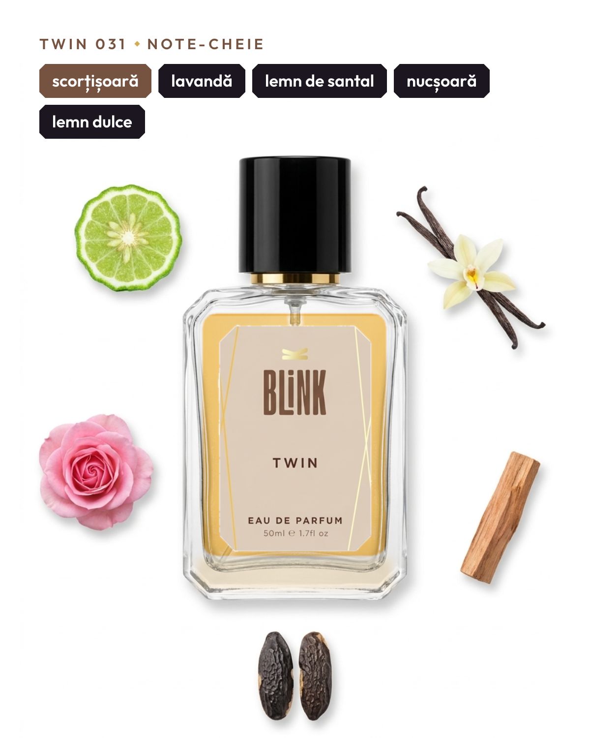 Twin 031, note-cheie: scorțișoară, lavandă, lemn de santal, nucșoară, lemn dulce