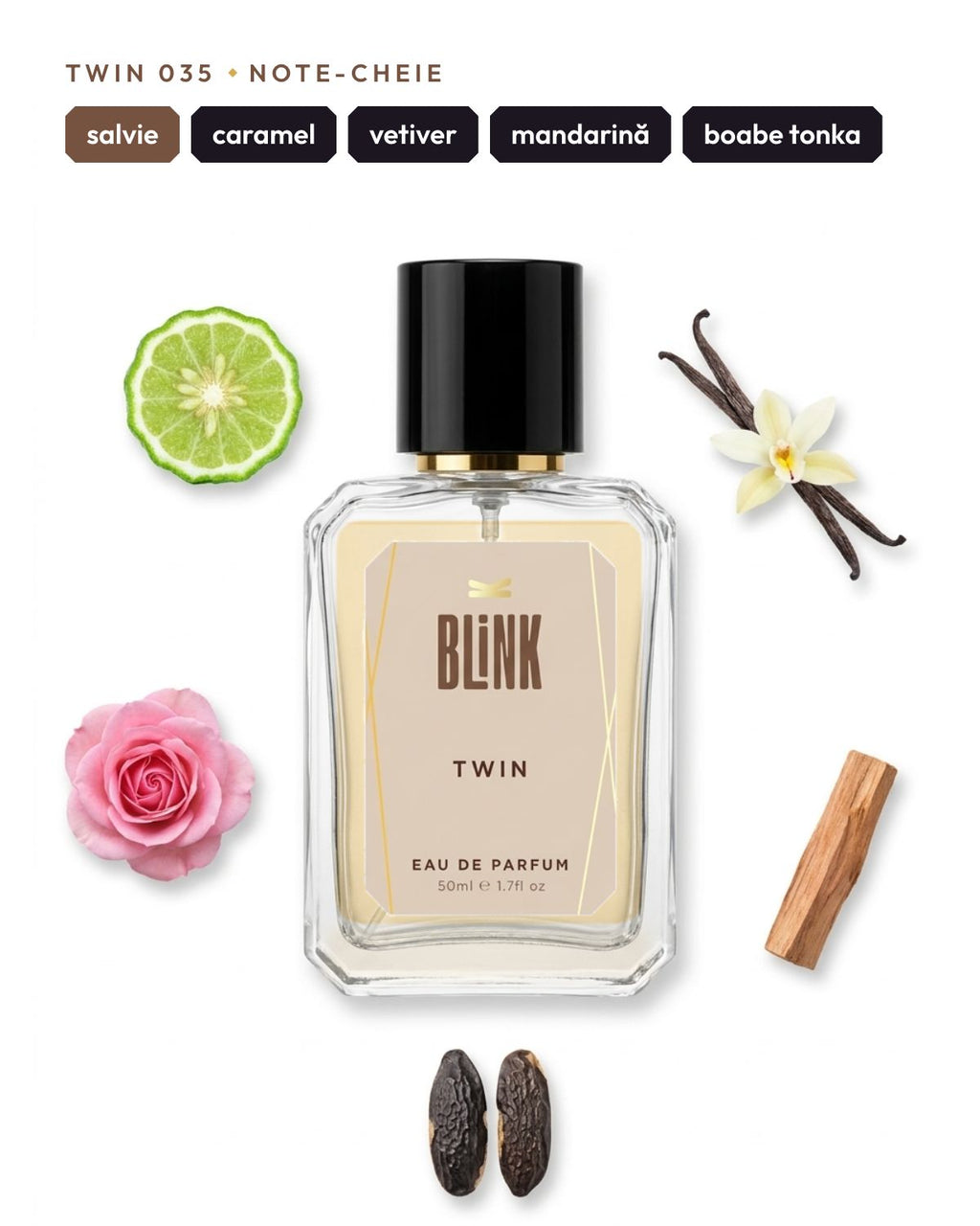 Twin 035, note-cheie: salvie, caramel, vetiver, mandarină, boabe tonka