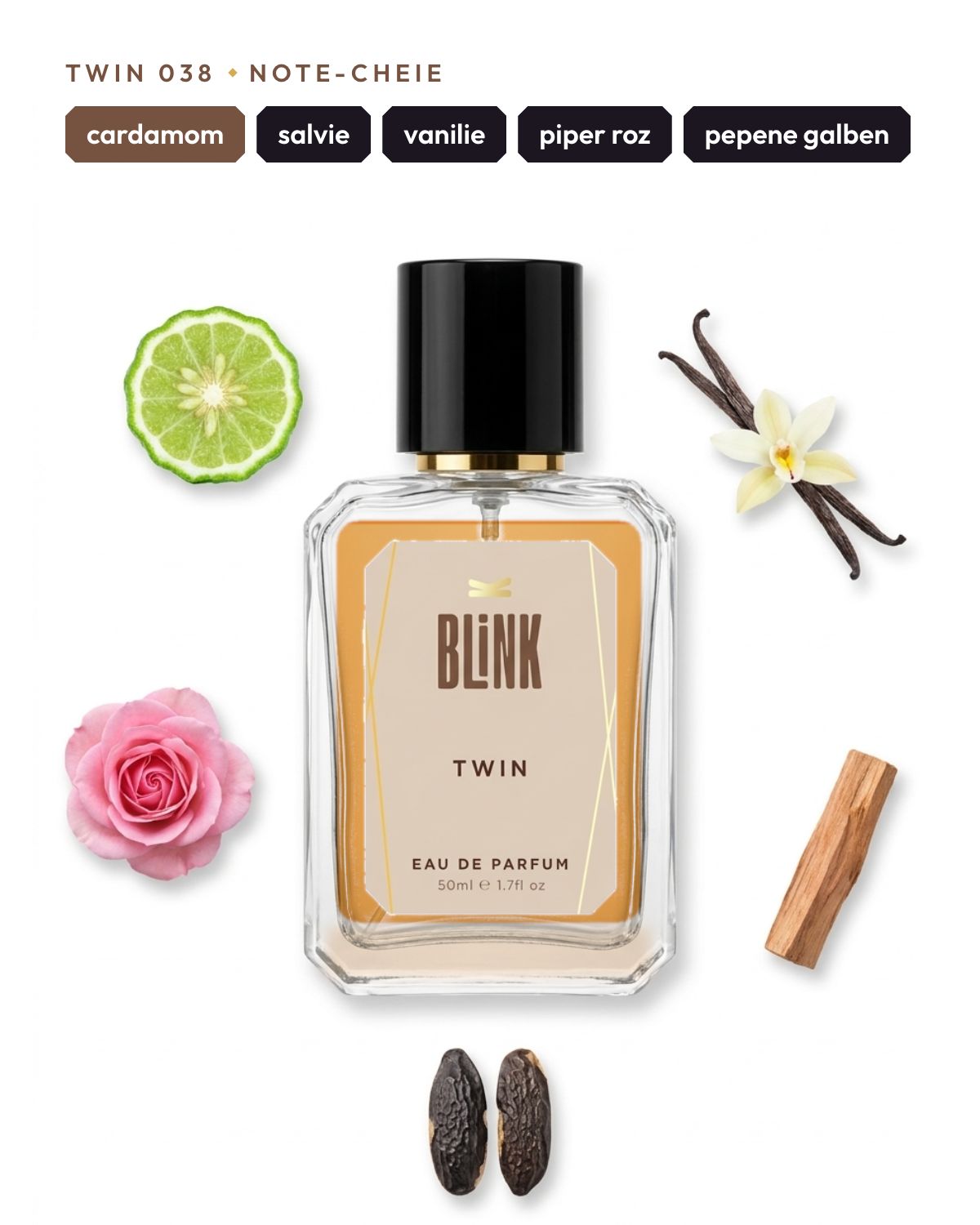 Twin 038, note-cheie: cardamom, salvie, vanilie, piper roz, pepene galben