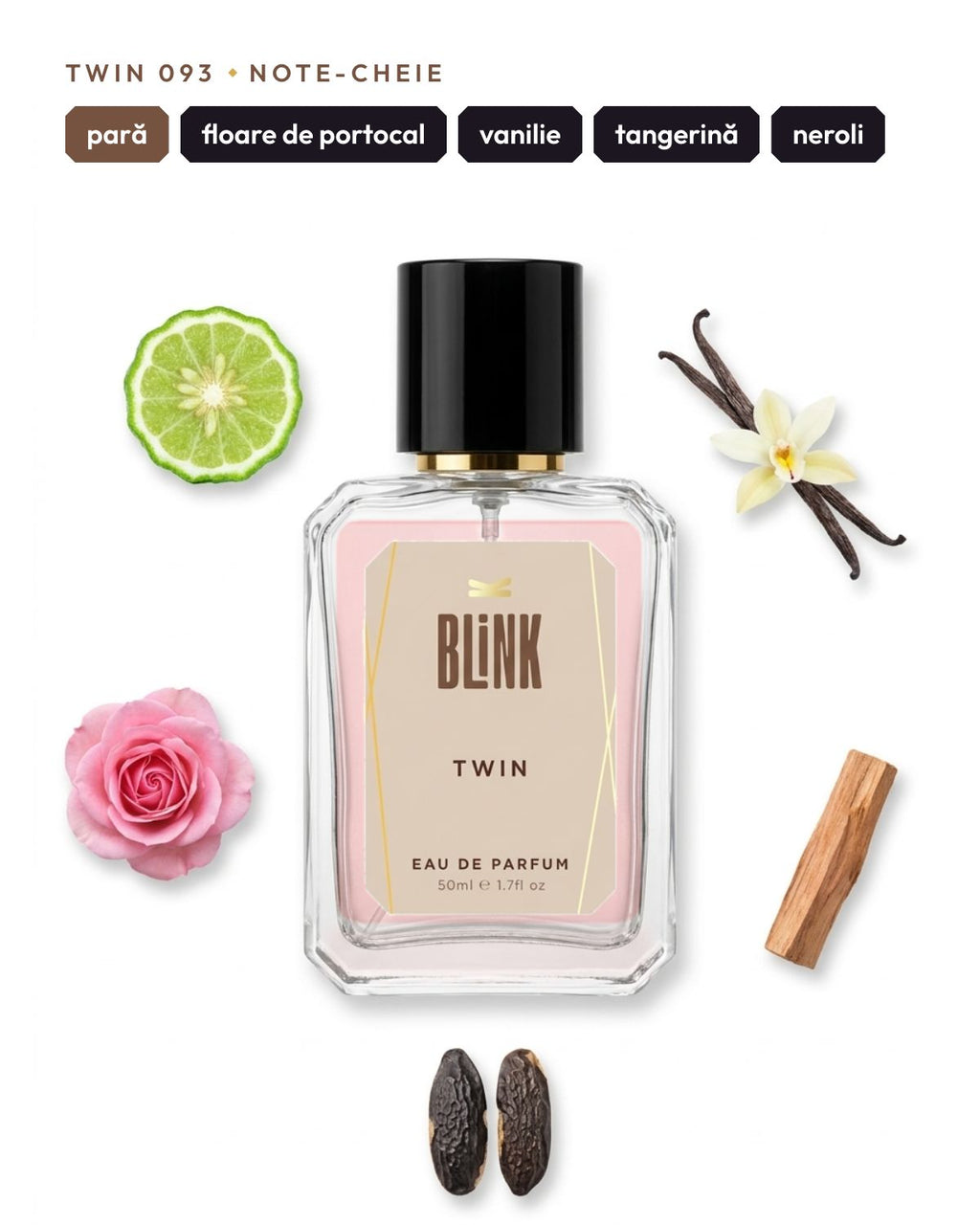 Twin 093, note-cheie: pară, floare de portocal, vanilie, tangerină, neroli