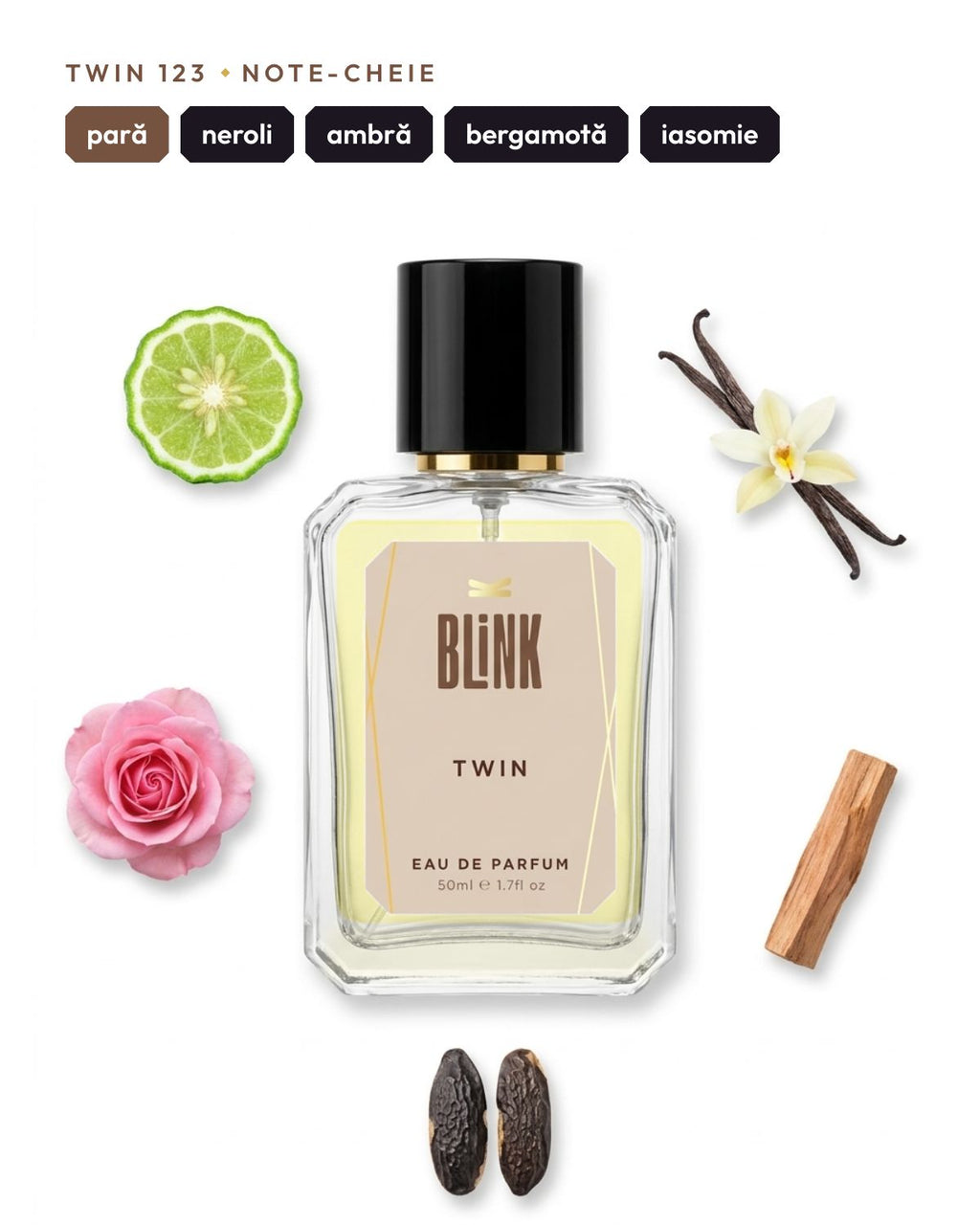Twin 123, note-cheie: pară, neroli, ambră, bergamotă, iasomie